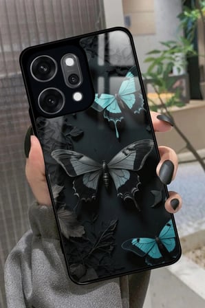 Oppo Reno 14 Pro Uyumlu Siyah Kelebek Tasarımlı Parlak Silikon Kılıf