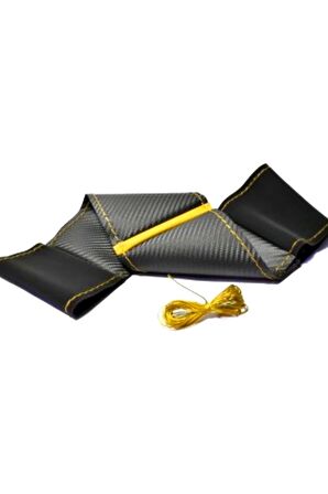 Renault 9 Uyumlu Alkantara Karbon Sarı Yüzüklü Deri Dikmeli Direksiyon Kılıfı