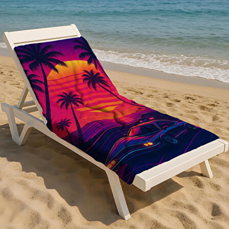 Retro Sunset Palmiye ve Araba Desenli Plaj Havlusu – Neon Yaz Teması