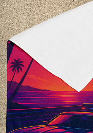 Retro Sunset Palmiye ve Araba Desenli Plaj Havlusu – Neon Yaz Teması