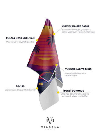 Retro Sunset Palmiye ve Araba Desenli Plaj Havlusu – Neon Yaz Teması