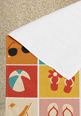 Retro Yaz Simgeleri Kareli Desenli Plaj Havlusu – Güneş Gözlüğü, Şemsiye ve Dondurma