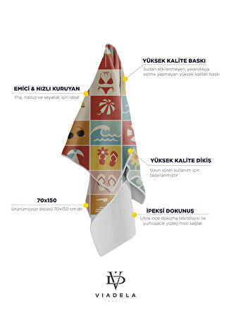 Retro Yaz Simgeleri Kareli Desenli Plaj Havlusu – Güneş Gözlüğü, Şemsiye ve Dondurma