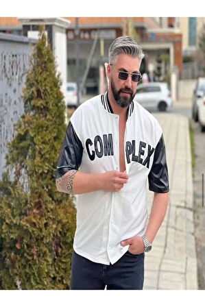 Erkek Complex Kolları Deri Kolej Oversize T-Shirt - Beyaz