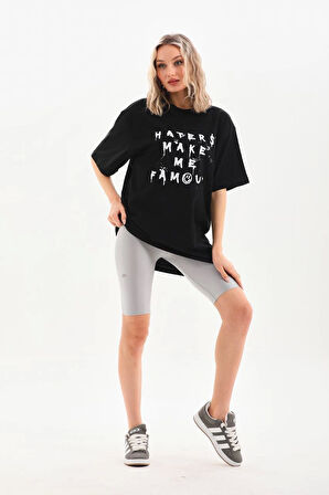 Unisex Baskılı Oversize T-Shirt - Siyah