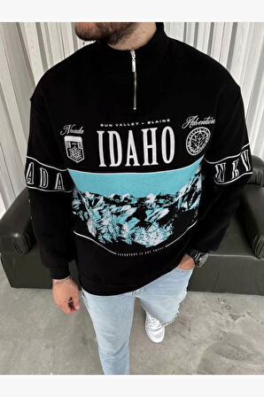 Erkek Yarım Fermuarlı Oversize Baskılı SweatShirt - Siyah