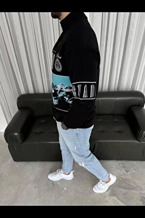 Erkek Yarım Fermuarlı Oversize Baskılı SweatShirt - Siyah