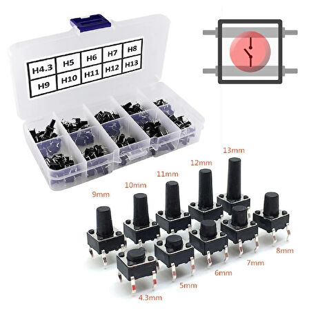 200 Adet 6x6mm Tact Buton Set 10 Farklı Yükseklikte 4 Pin Dokunmatik Anlık Basmalı Düğme Anahtar