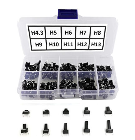 200 Adet 6x6mm Tact Buton Set 10 Farklı Yükseklikte 4 Pin Dokunmatik Anlık Basmalı Düğme Anahtar