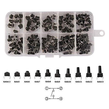 200 Adet 6x6mm Tact Buton Set 10 Farklı Yükseklikte 4 Pin Dokunmatik Anlık Basmalı Düğme Anahtar