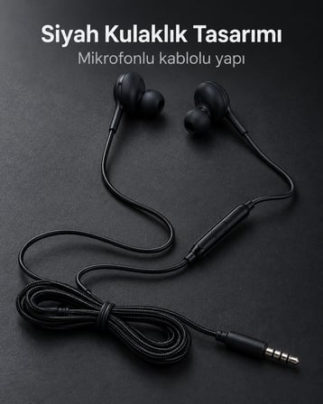 Silikon Uçlu Mikrofonlu Siyah Kablolu Kulak İçi Kulaklık