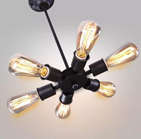 Retro Metal Siyah Altılı Sarkıt Avize Rustik