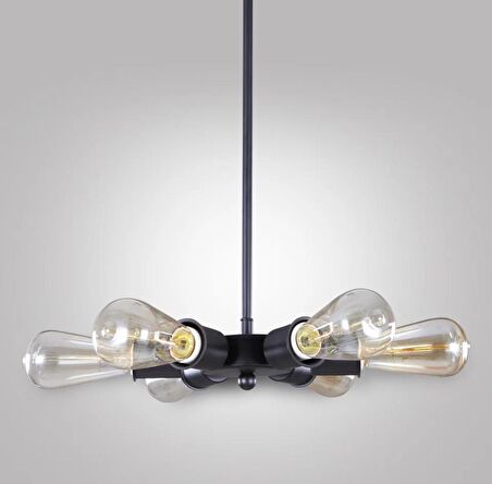 Retro Metal Siyah Altılı Sarkıt Avize Rustik