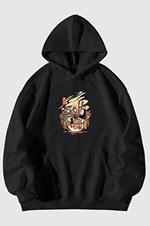 Miyazaki Ruhların Kaçışı Baskılı Unisex Siyah Kanguru Cepli Kapüşonlu Sweatshirt Hoodie | XL