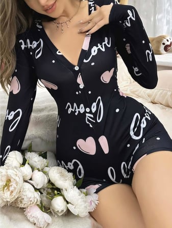 Kadın Siyah Kalp Desenli Love Yazılı Pijama Tulumu 5124