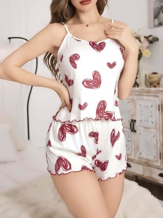 Kadın Beyaz Kalp desenli Şortlu Gecelik Pijama Takımı 5052