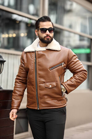 Premium İçi Komple Kürklü Biker Deri Mont