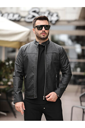 Yeni Sezon Erkek Premium Karbon Deri Slim Fit Mevsimlik Ceket