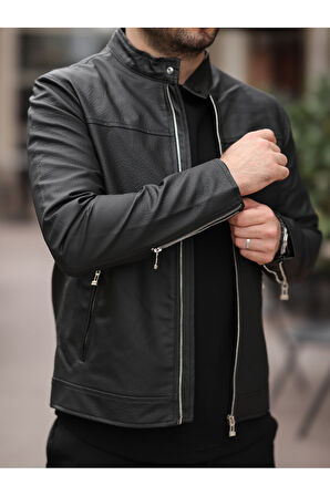 Yeni Sezon Erkek Premium Karbon Deri Slim Fit Mevsimlik Ceket