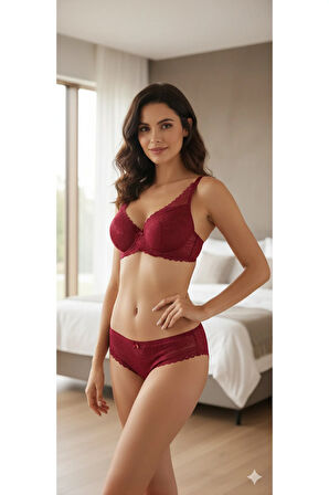 Dolgulu Destekli B Cup Ayarlanabilir Askılı Şık Gece Dantel Sütyen Külot İç Çamaşırı Takımı