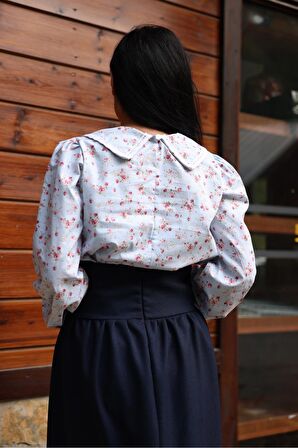 Vintage Mavi-Bordo Çiçekli Bebe Yaka Dantelli Poplin Bluz