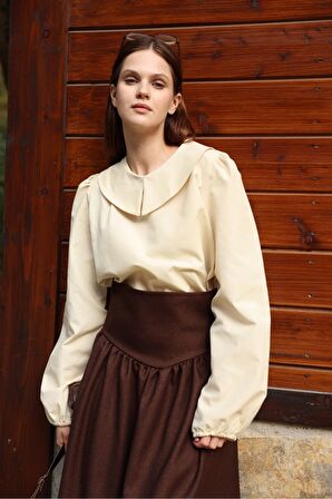 Vintage Krem Rengi Bebe Yaka Poplin Bluz