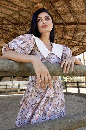 Vintage Yakalı Kahverengi Pastel Çiçekli Balon Kol Kloş Elbise