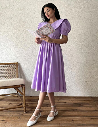 Lila Büyük Yakalı Kloş Poplin Elbise