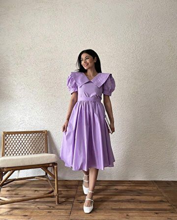 Lila Büyük Yakalı Kloş Poplin Elbise