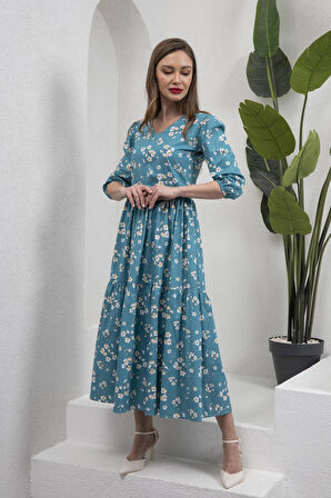 Petrol Mavisi V Yaka Midi Boy Bahar Dalı Poplin Elbise