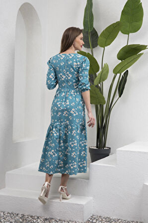 Petrol Mavisi V Yaka Midi Boy Bahar Dalı Poplin Elbise