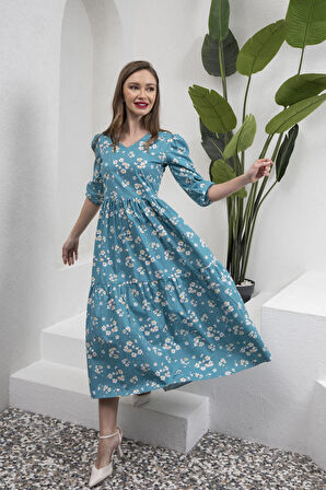 Petrol Mavisi V Yaka Midi Boy Bahar Dalı Poplin Elbise