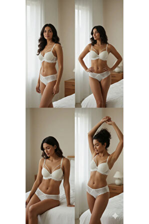 Dolgulu Destekli B Cup Ayarlanabilir Askılı Şık Gece Dantel Sütyen Külot İç Çamaşırı Takımı