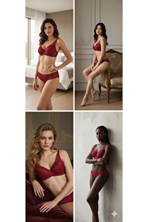 Dolgulu Destekli B Cup Ayarlanabilir Askılı Şık Gece Dantel Sütyen Külot İç Çamaşırı Takımı