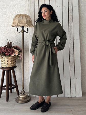 Uzun Haki Yeşil Salaş Kaşe Elbise