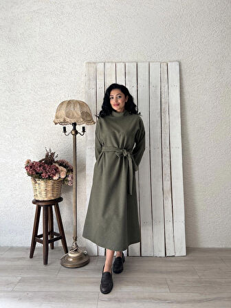 Uzun Haki Yeşil Salaş Kaşe Elbise