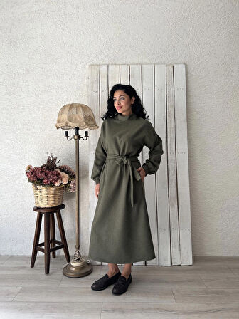 Uzun Haki Yeşil Salaş Kaşe Elbise