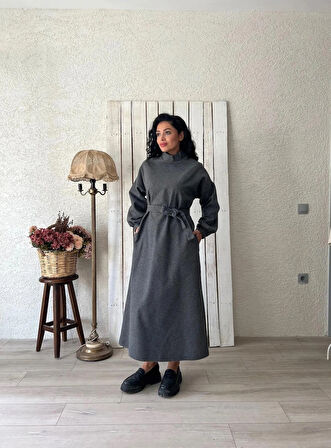 Uzun Antrasit Salaş Kaşe Elbise