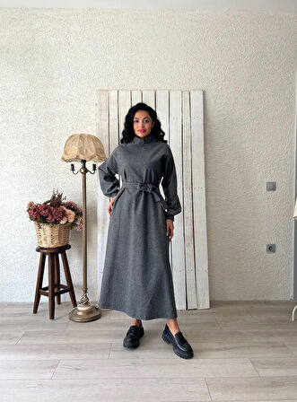 Uzun Antrasit Salaş Kaşe Elbise