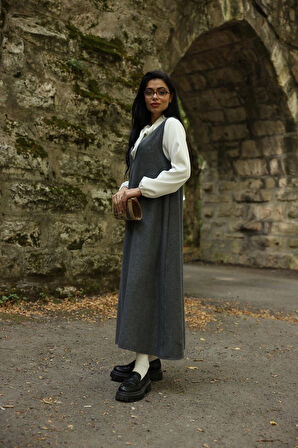 Antrasit Rengi Kaşe Uzun Kışlık V Yaka Jile Elbise