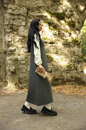 Antrasit Rengi Kaşe Uzun Kışlık V Yaka Jile Elbise