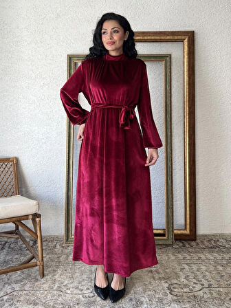 Bordo Uzun Kadife Elbise