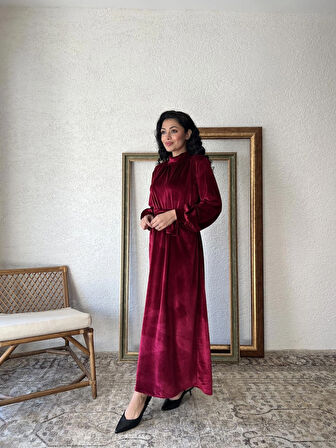 Bordo Uzun Kadife Elbise