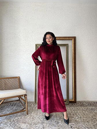 Bordo Uzun Kadife Elbise