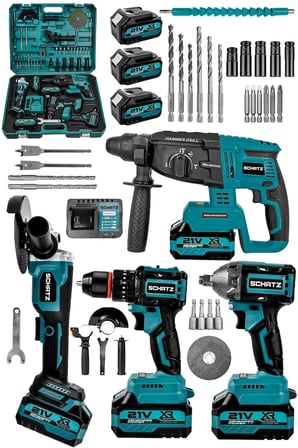Schatz 21V Darbeli Kömürsüz Kırıcı Delici Hilti & Taşlama & Matkap & Somun Sıkma Sökme 4'lü Set Mavi