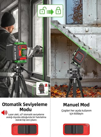Schatz 360° 3.7V Çift Akülü 12 Köşe Otomatik Hizalamalı Kumandalı Yeşil Çizgili Lazer Hizalama Makinesi Kırmızı
