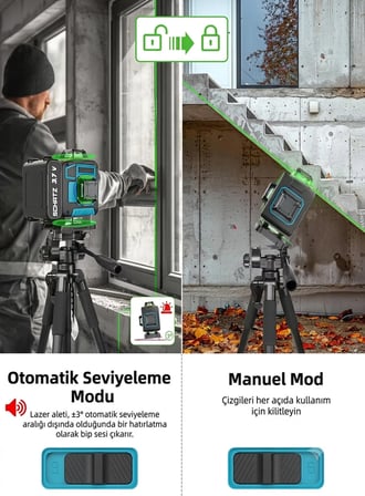 Schatz 360° 3.7V Çift Akülü 12 Köşe Otomatik Hizalamalı Kumandalı Yeşil Çizgili Lazer Hizalama Makinesi Mavi