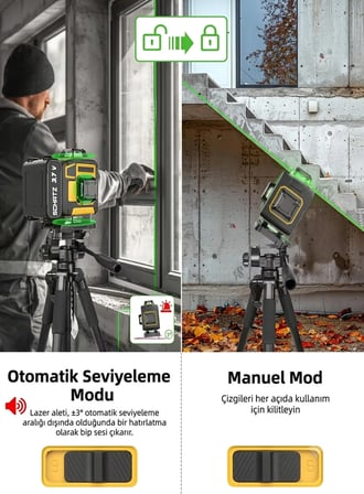Schatz 360° 3.7V Çift Akülü 12 Köşe Otomatik Hizalamalı Kumandalı Yeşil Çizgili Lazer Hizalama Makinesi Sarı