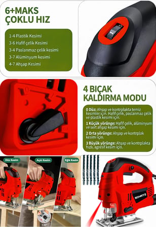Schatz 800 W Lazerli Devir Ayarlı Dekupaj Testere Makinesi Kırmızı + 5 Adet Testere Ucu