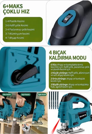 Schatz 800 W Lazerli Devir Ayarlı Dekupaj Testere Makinesi Mavi + 5 Adet Testere Ucu